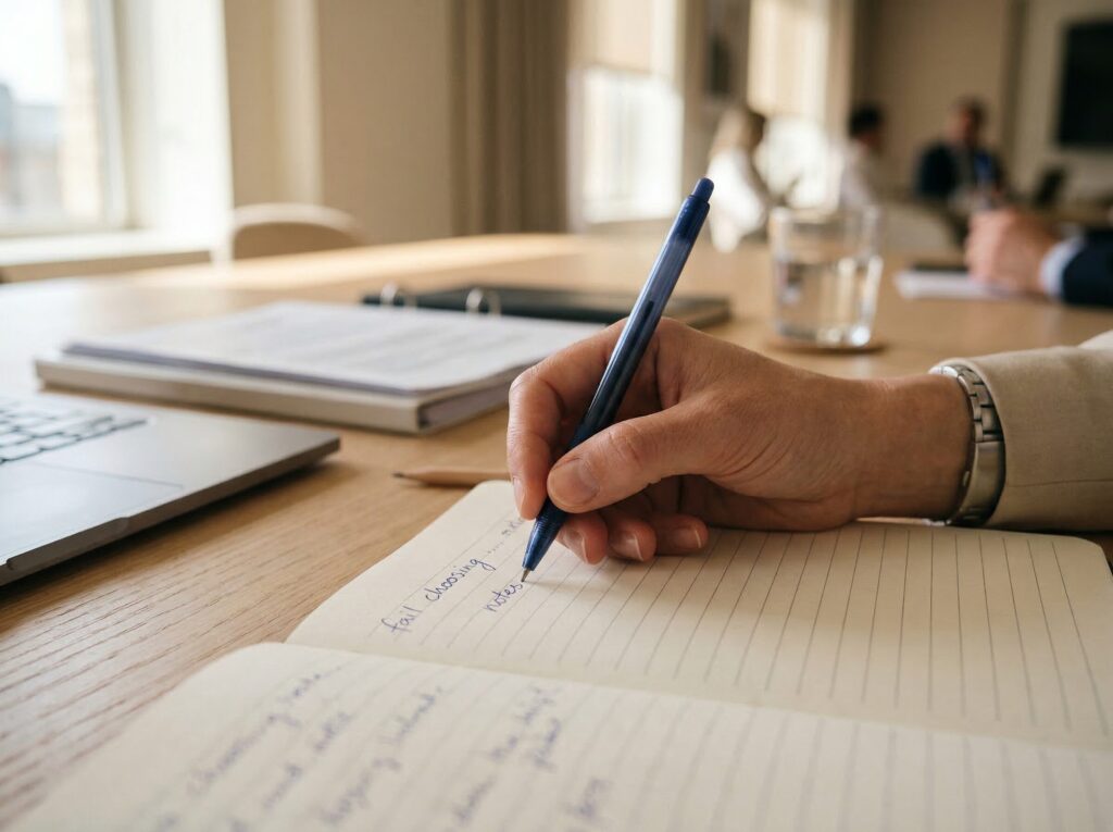 会議中にボールペンでメモを取る手元（インクがかすれるイメージ）