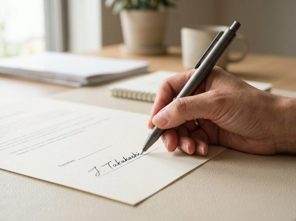 書類に署名する手元（油性ボールペンがにじみにくいイメージ）