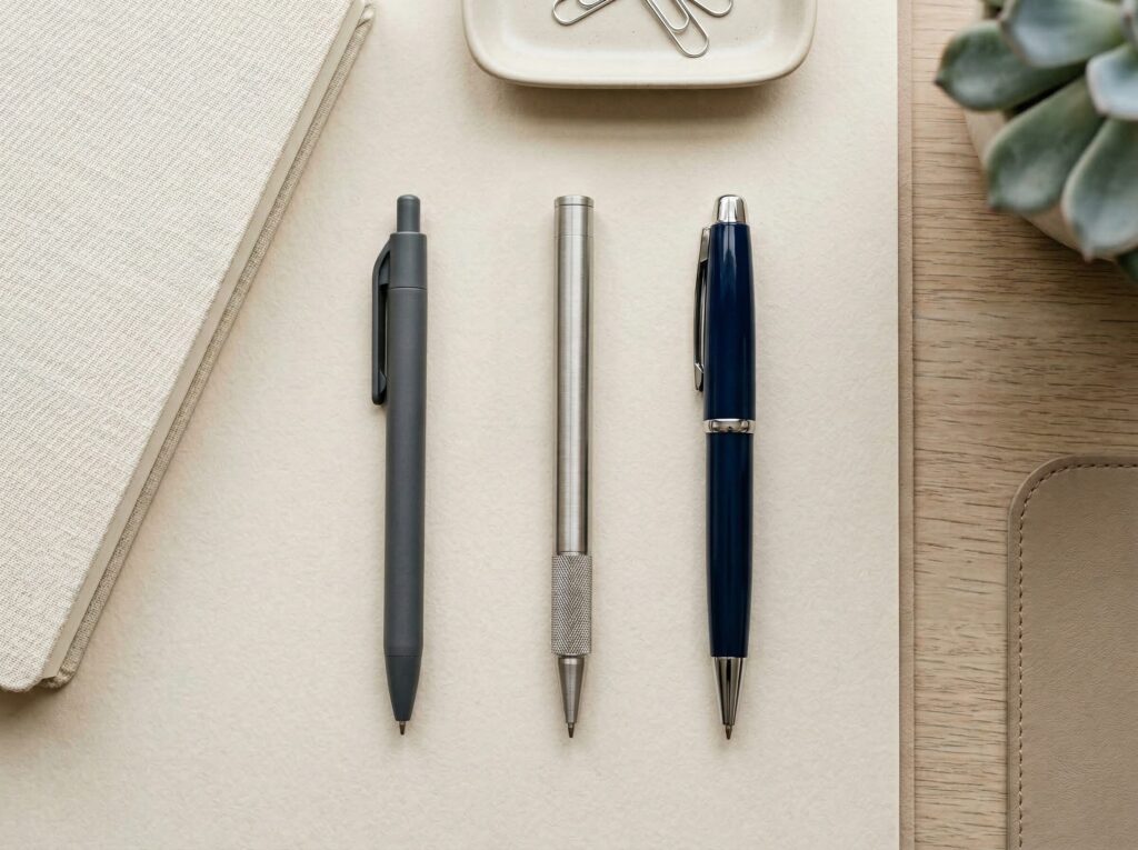 素材の違うボールペン3本（プラスチック・金属・樹脂）の比較イメージ