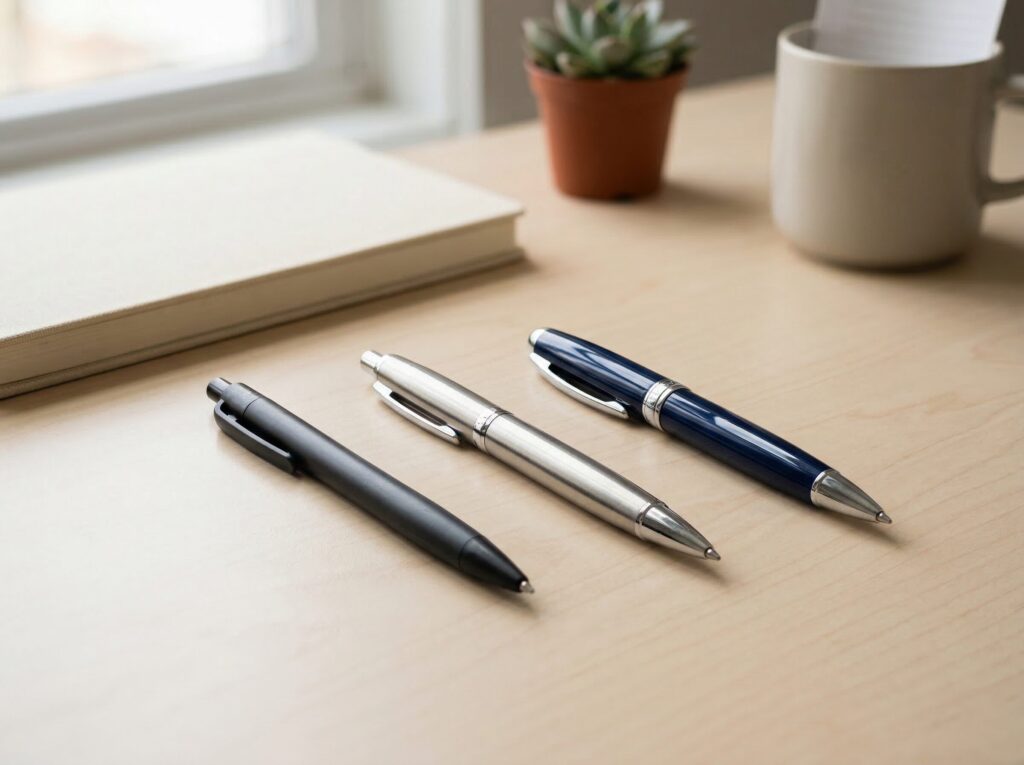 ボールペンの価格帯（エントリー・ミドル・プレミアム）をイメージした3本の比較