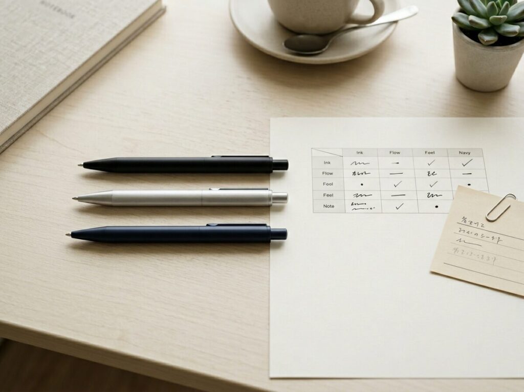 おすすめボールペンの比較イメージ（3本のペンと比較表のフラットレイ）