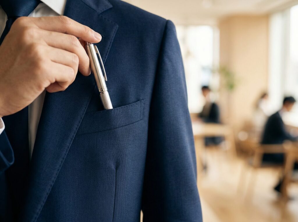 スーツの胸ポケットからボールペンを取り出すビジネスシーン（まとめのイメージ）